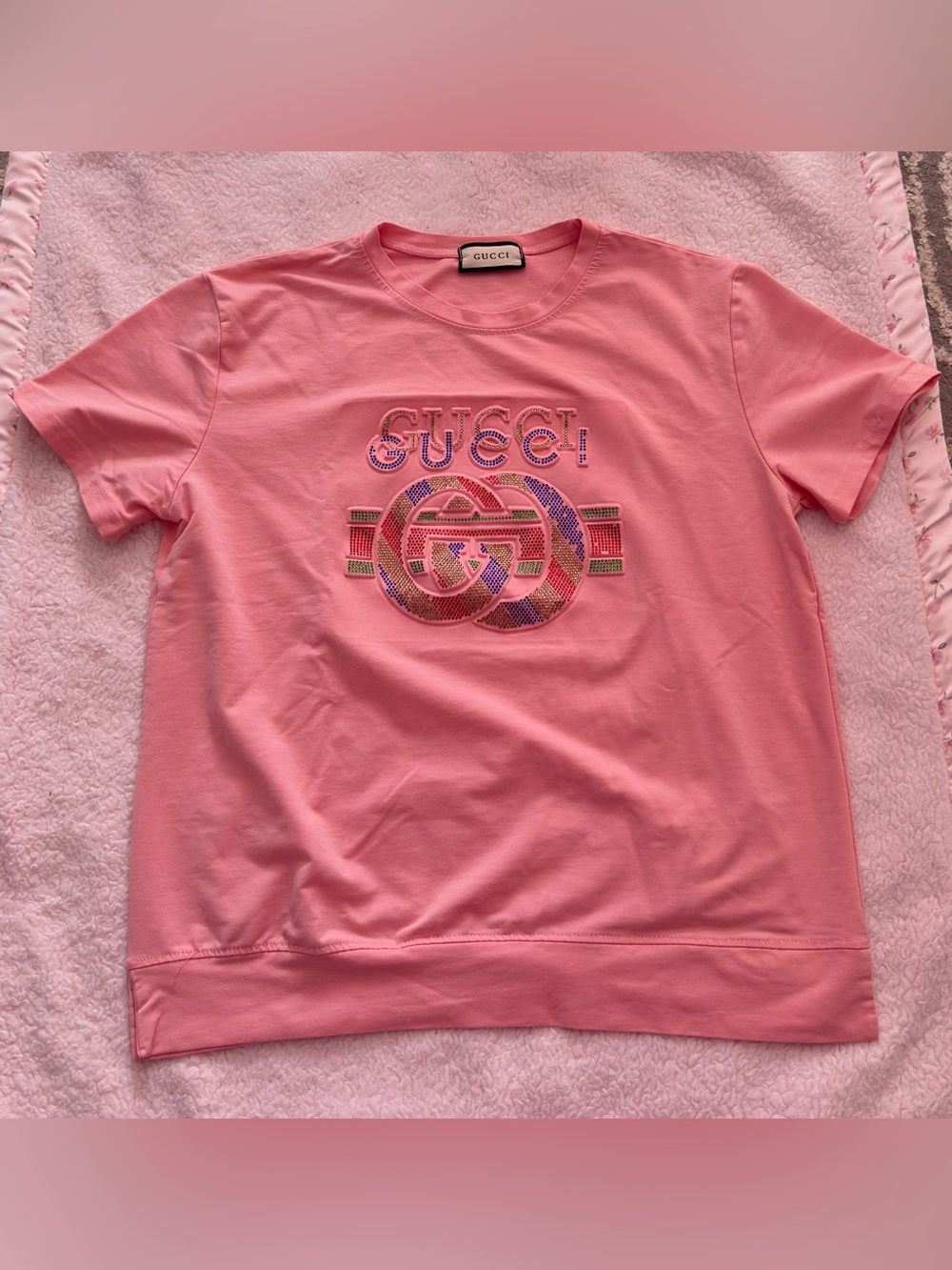 Gucci Women Pink Logo Rhinestone T-Shirt